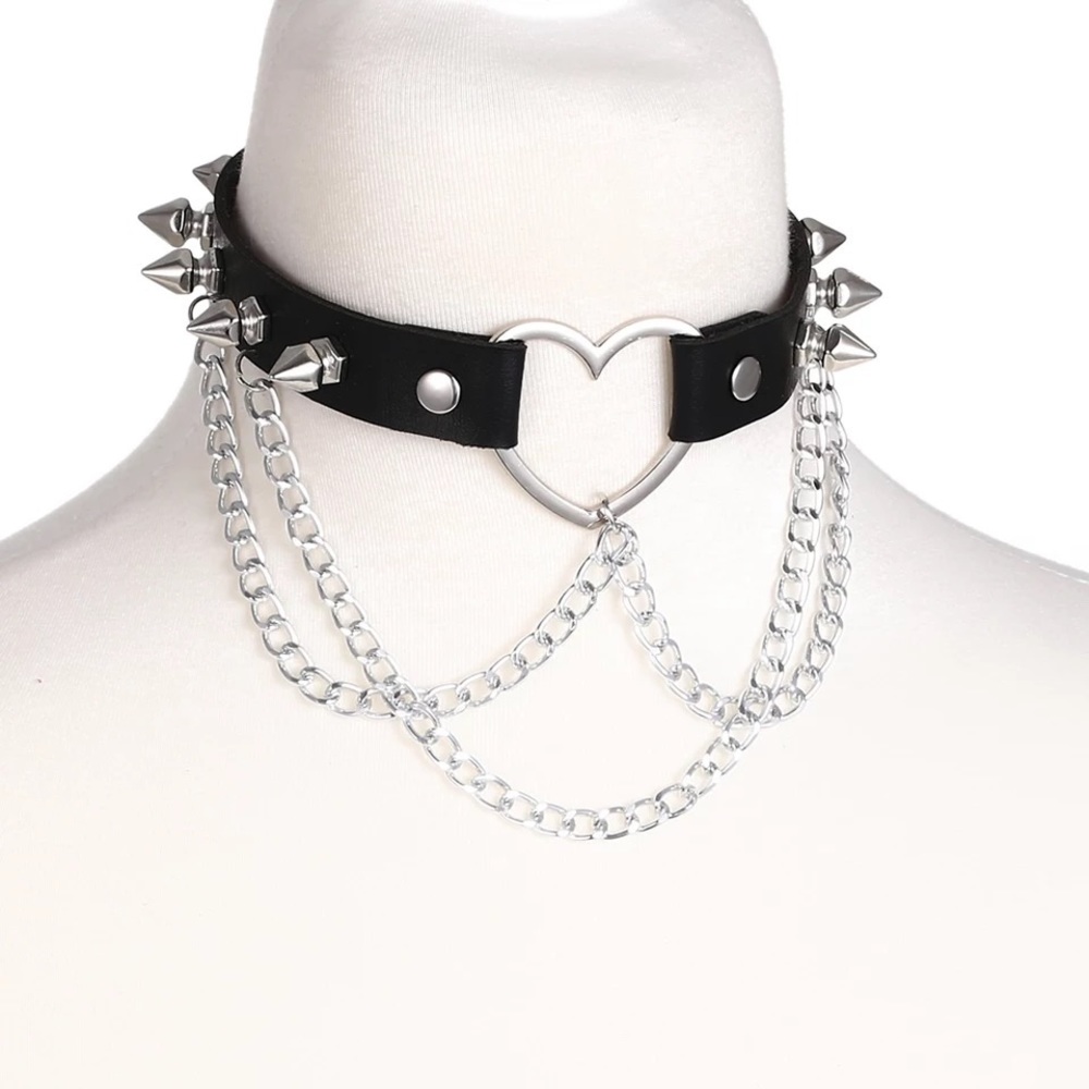 Chain and Spikes Leather Chocker with a Heart